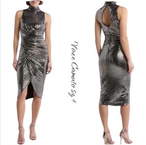 NWT Vince Camuto Dress Midi  Silver Metallic Mock Neck Cocktail Woman sz 4